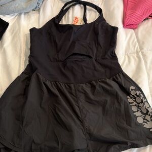 Free People Black Athletic Romper with Floral Logo Detail